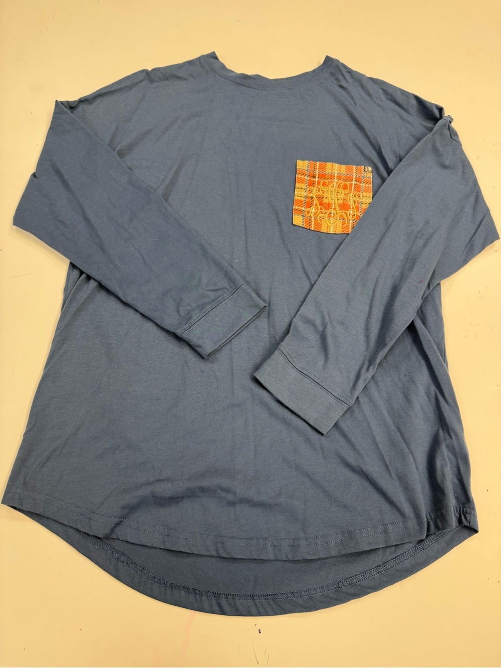 Men's Long-Sleeve Pocket Tee in Slate Blue with Orange Pocket